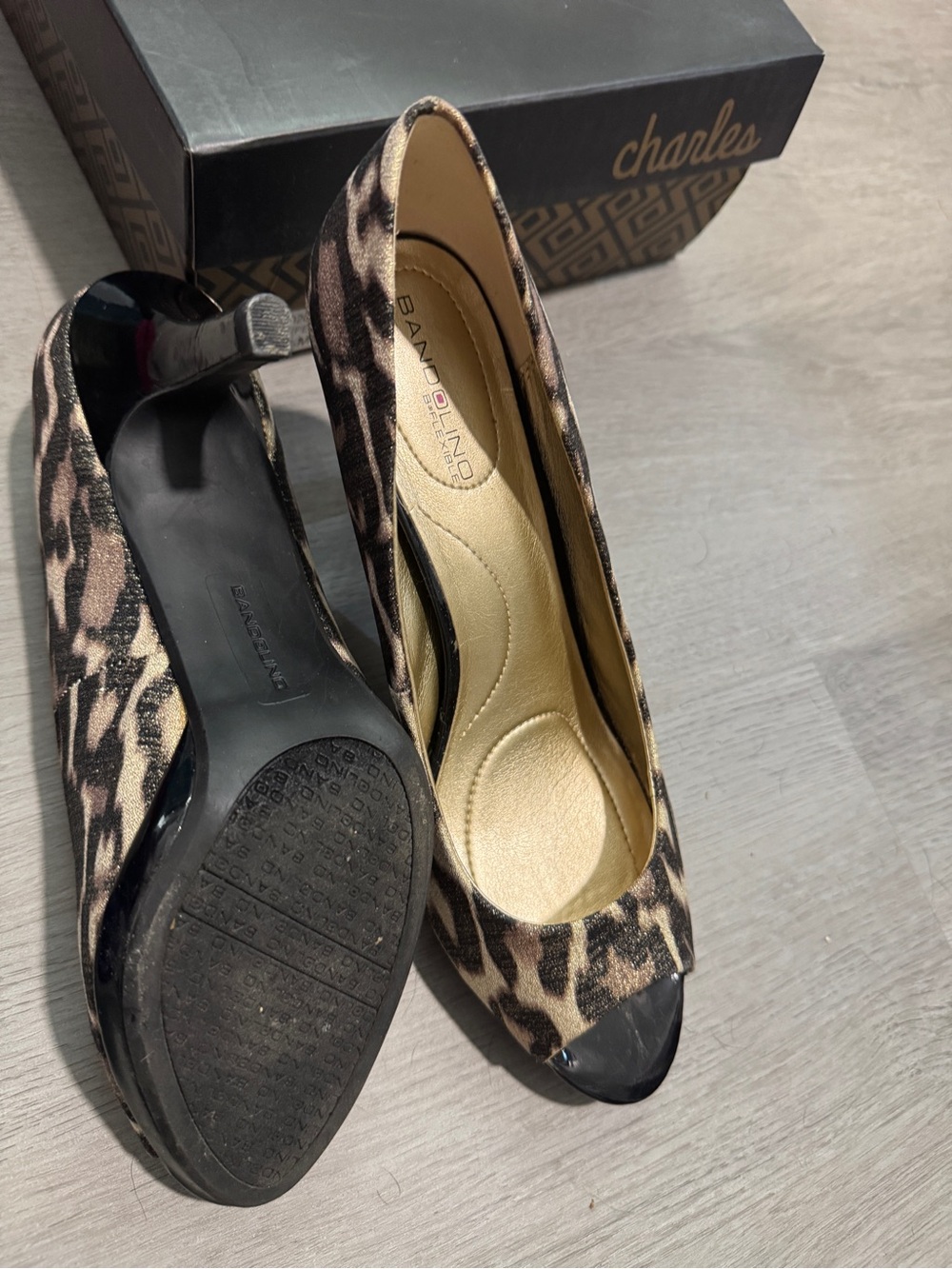 Bandolino Leopard Print Peep-Toe Heels with Black Patent Toe